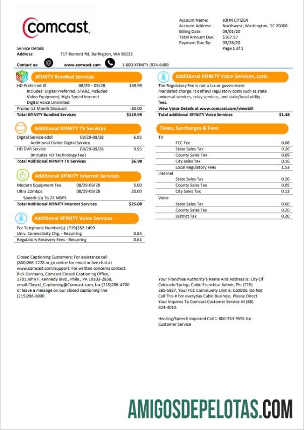 Para baixar modelo de conta de serviços públicos Comcast dos EUA Utah em formato Word e PDF versão 1
